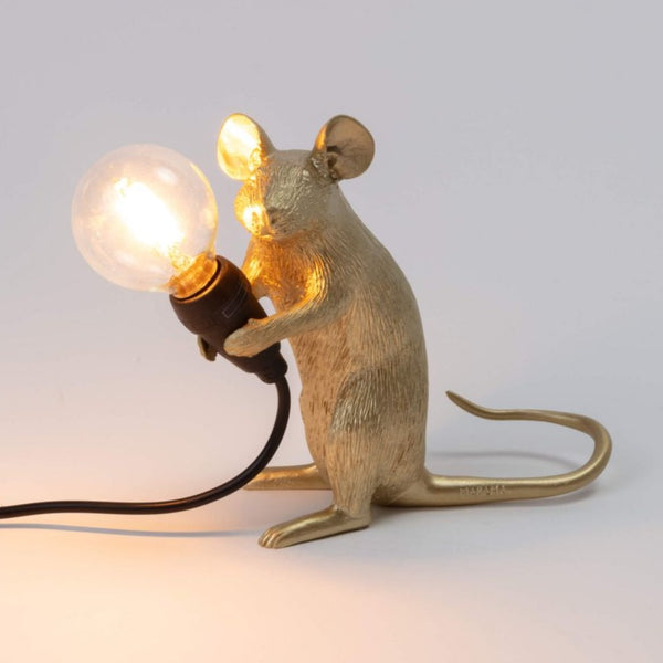 Seletti Mouse Lamp Gold Sitting - Lampe Mus Siddende