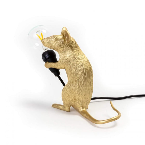 Seletti Mouse Lamp Gold Sitting - Lampe Mus Siddende